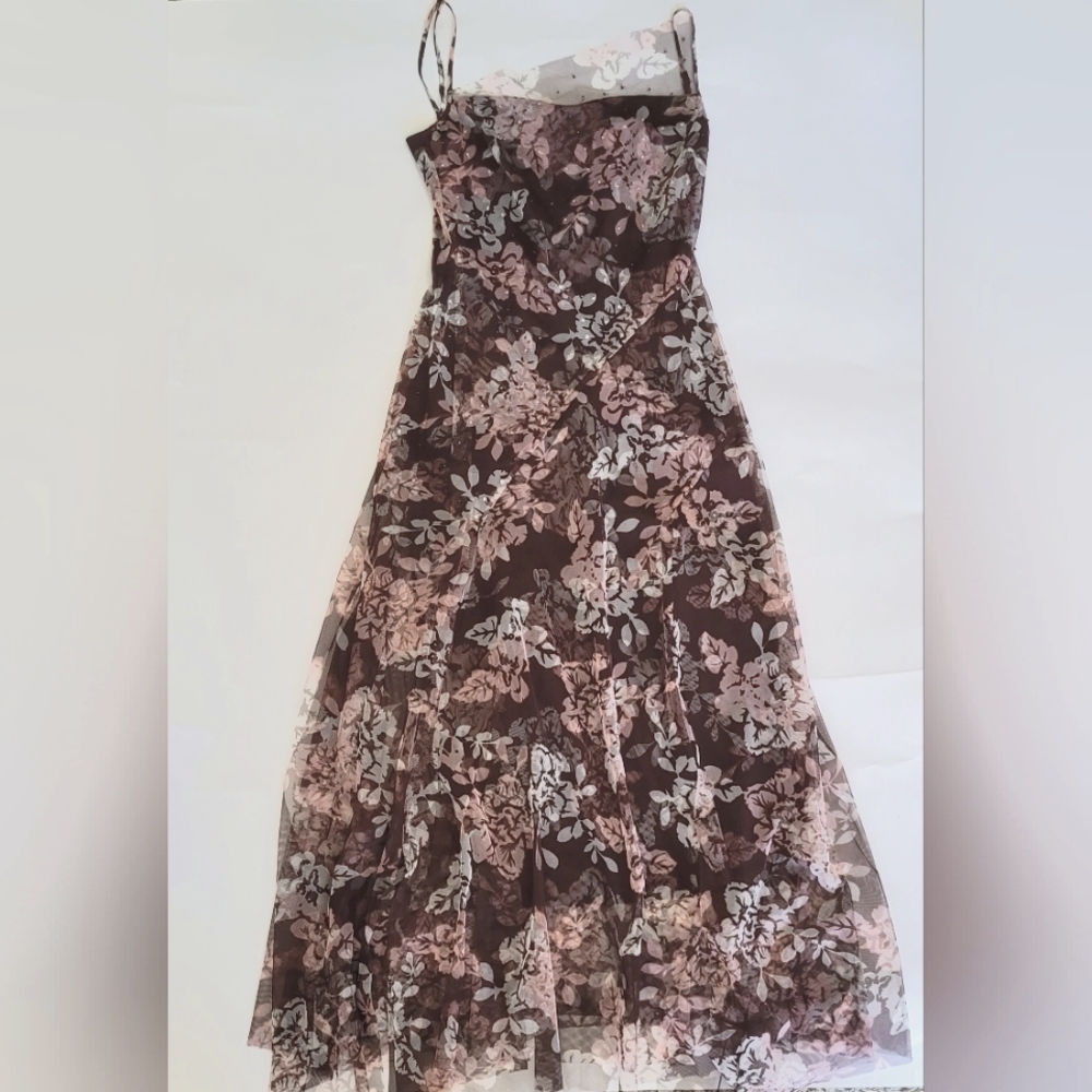 EUC BCBG MaxAzria Floral/Brown Tulle Fit & Flare Women's Full Length Gown - XS
